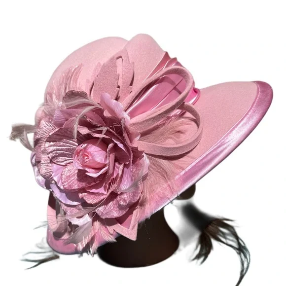 Something Special 100% Felt Pink Brim ribbon feathers Ladies Dress Hat Floral - Picture 2 of 12